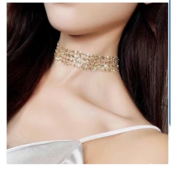 Shining Lace Glitter Choker Gold Transparent Wide Boho Fabric Necklace Women NEW - Picture 4 of 9